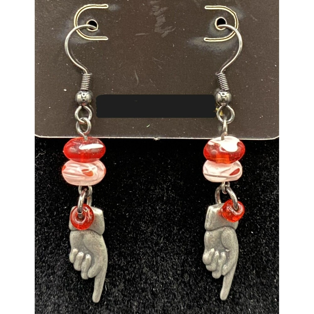 Handmade Pointer Hand with Red & White Glass Bead Earrings by Neanie-Bot